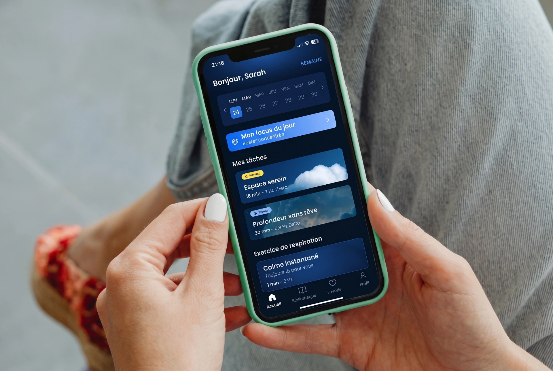 Interface de l'application InnerFlo présentant un programme personnalisé de soulagement du stress