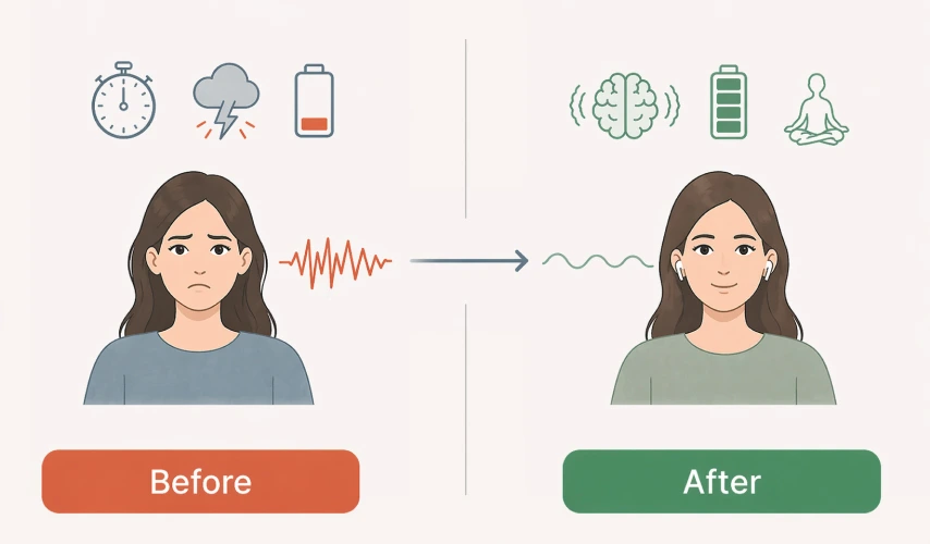 Before and after: anxious brain transformed by binaural beats into a calm, focused state