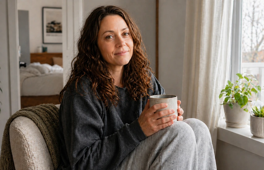 A mom enjoying a calm, restful morning with a warm drink