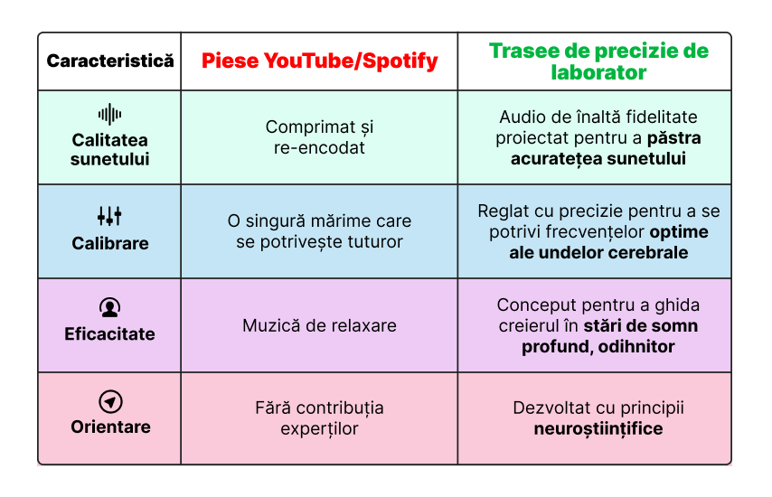 Tabel comparativ: piese YouTube/Spotify vs piese cu precizie de laborator