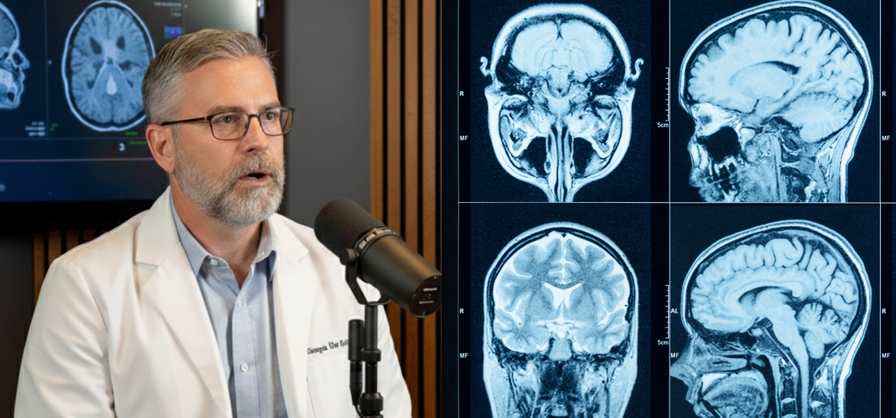 Neuroscientist and brain illustration depicting stress reset techniques