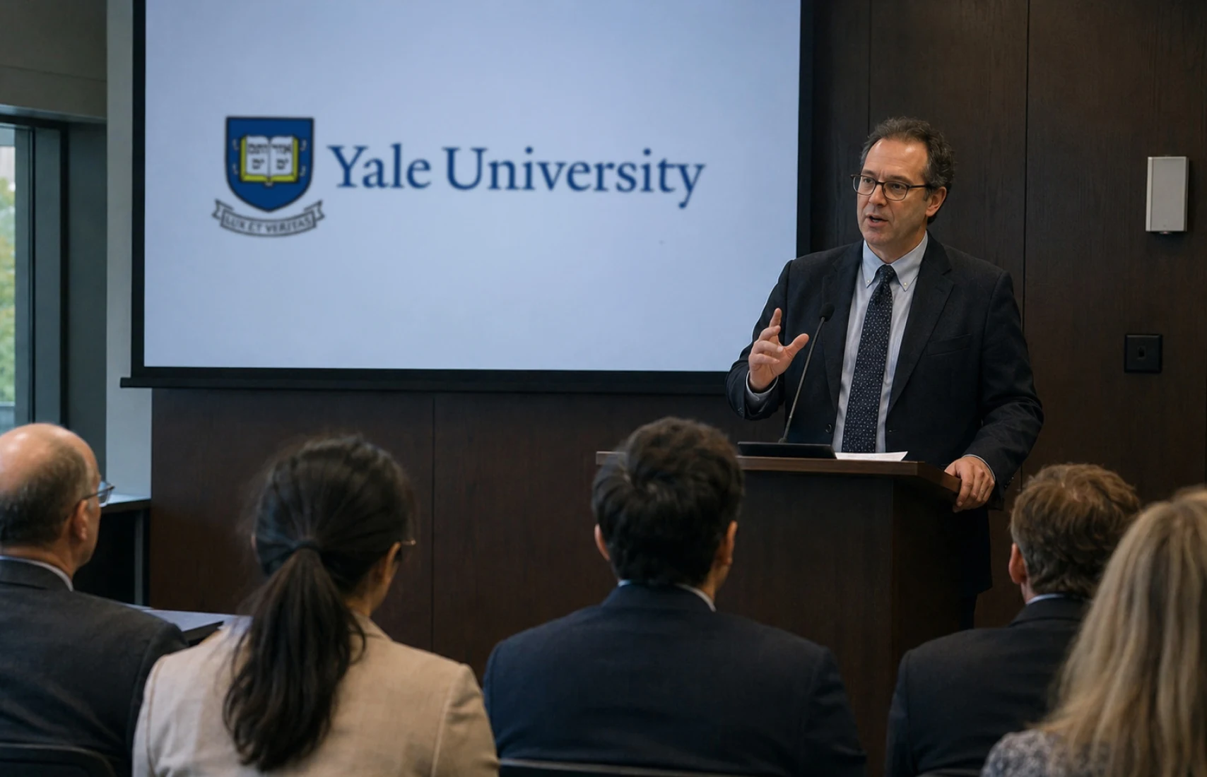 Dr. speaking at Yale University neuroscience conference about audio frequency research