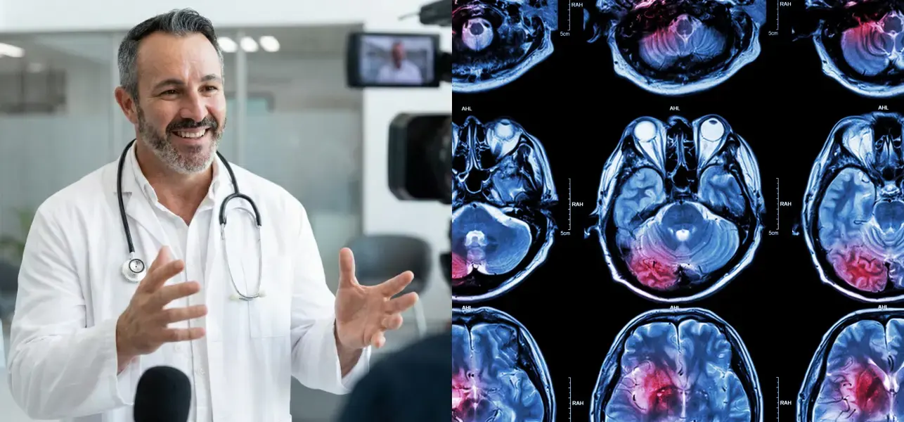 Neuroscientist and brain illustration depicting stress reset techniques