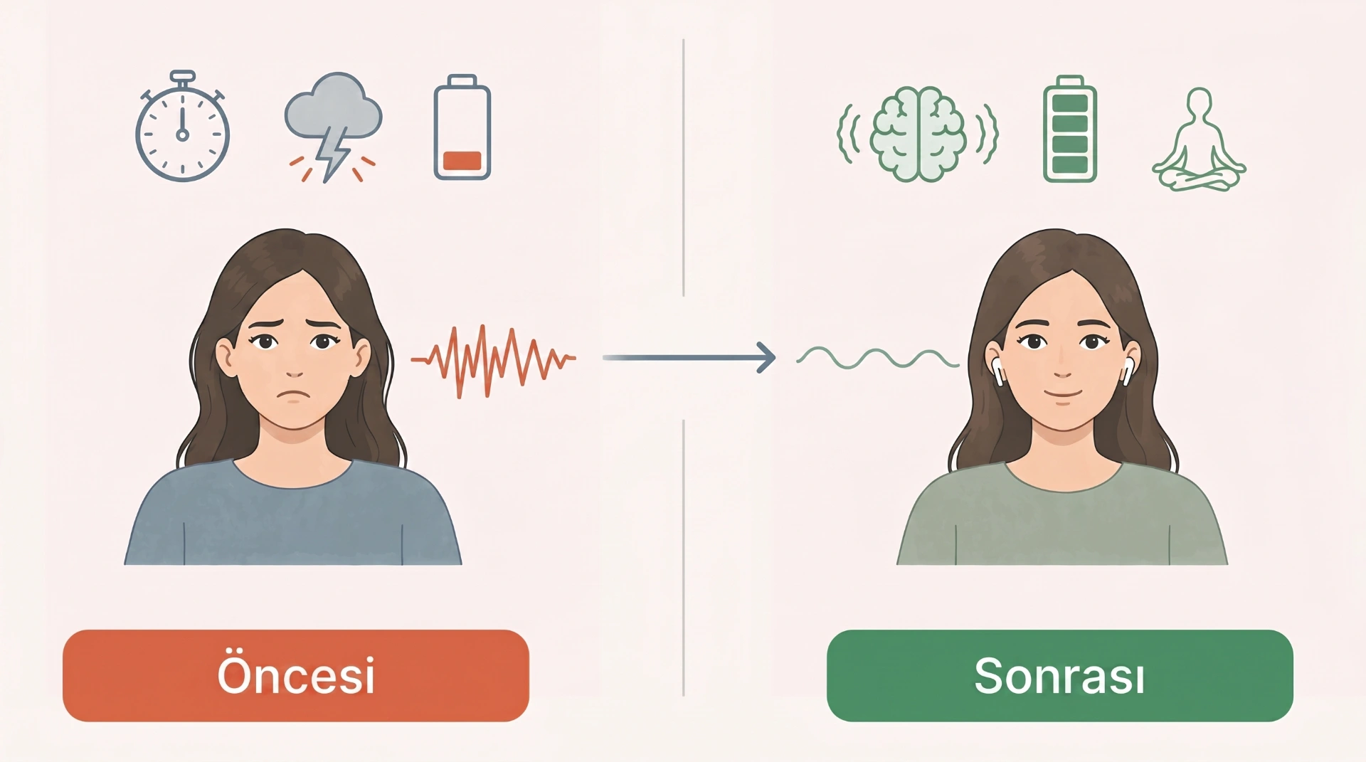 Öncesi ve sonrası: kaygılı beyin binaural beat'lerle sakin, odaklanmış bir hale dönüşüyor