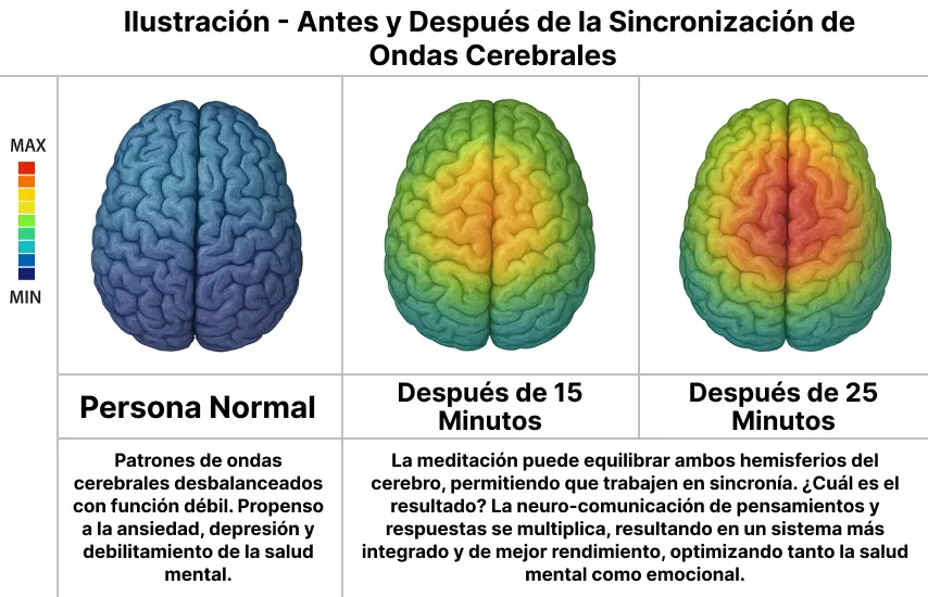 Ilustración antes y después de la sincronización de ondas cerebrales mostrando la progresión de estados cerebrales desbalanceados a balanceados en 15-25 minutos