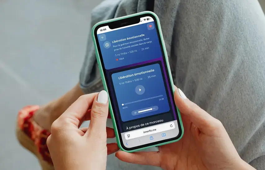 Interface de l'application InnerFlo montrant des routines personnalisées de battements binauraux